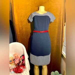 Enfocus Studio Blue and White Sheath Midi Dress Short Sleeve